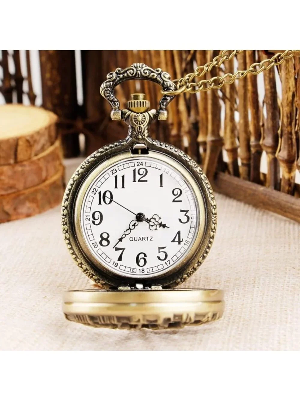 Men's Brown Analog Quartz Tree Shape Pendant Necklace Round Case Pocket Watch